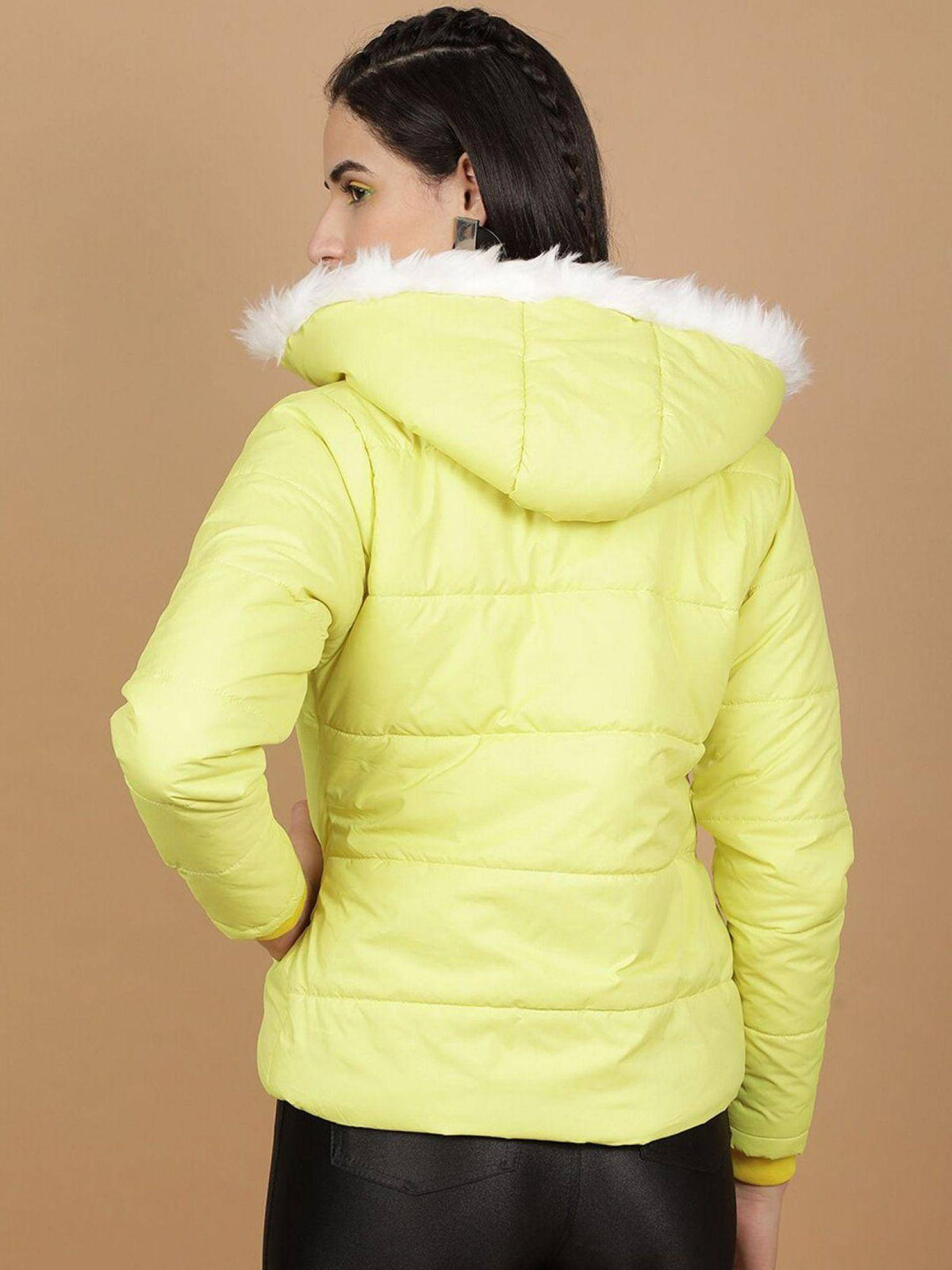 Yellow Slim Fit Solid Hooded Full Sleeves Winter Jacket | JC78 - view 4