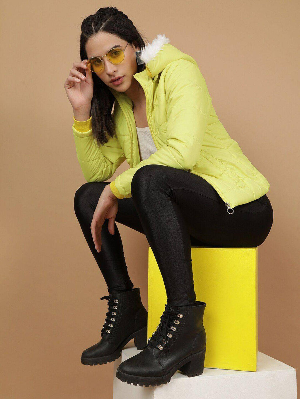 Yellow Slim Fit Solid Hooded Full Sleeves Winter Jacket | JC78 - view 6