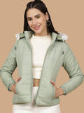Green Slim Fit Solid Hooded Full Sleeves Winter Jacket | JC78 - view 1