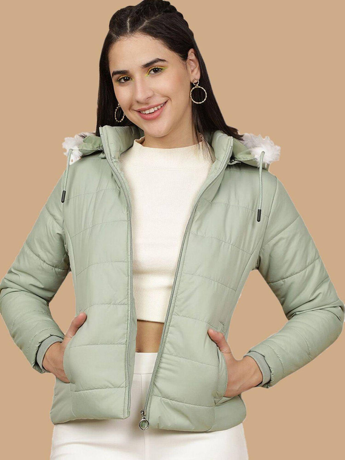 Green Slim Fit Solid Hooded Full Sleeves Winter Jacket | JC78 - view 1