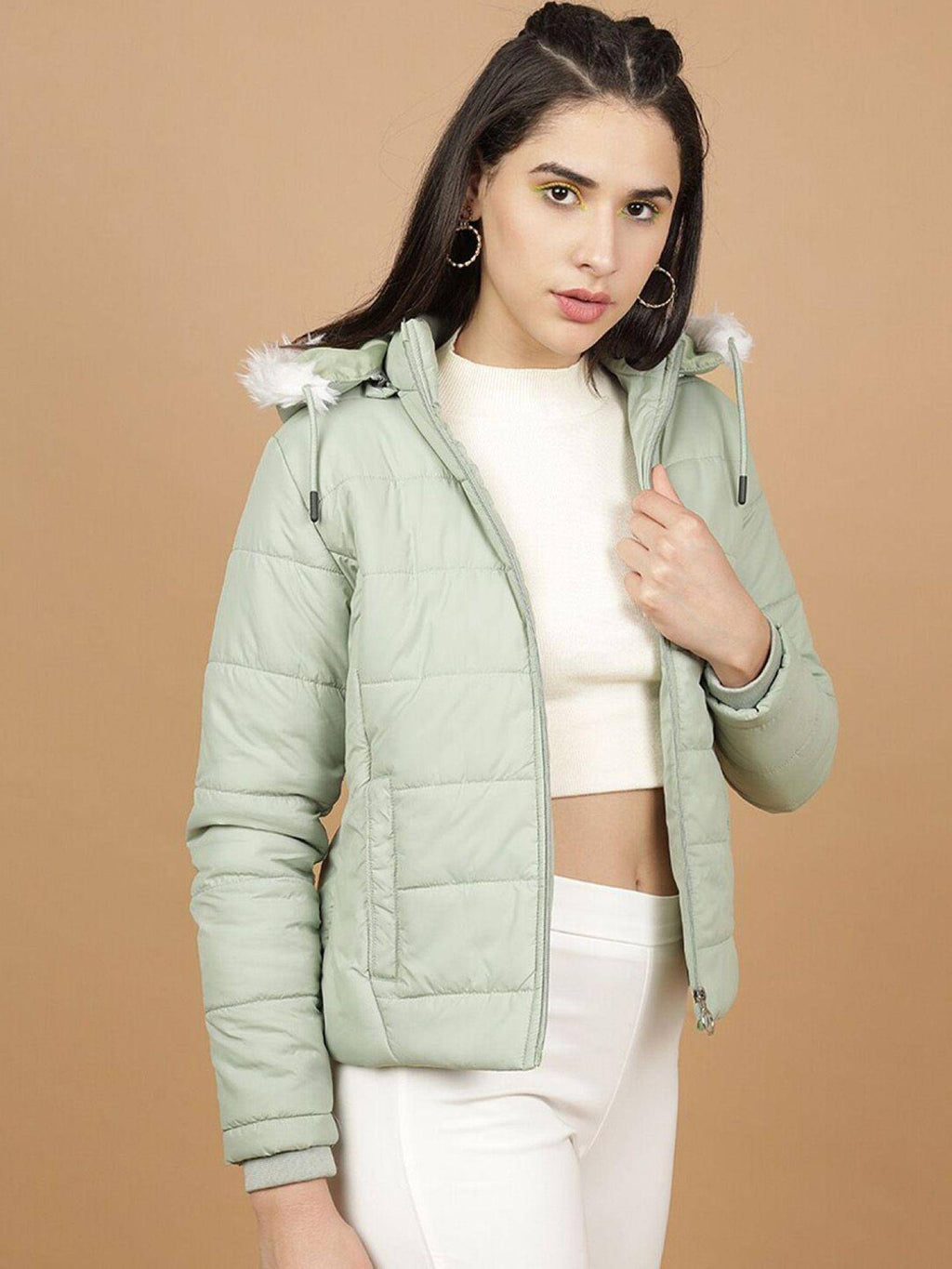 Green Slim Fit Solid Hooded Full Sleeves Winter Jacket | JC78 - view 3