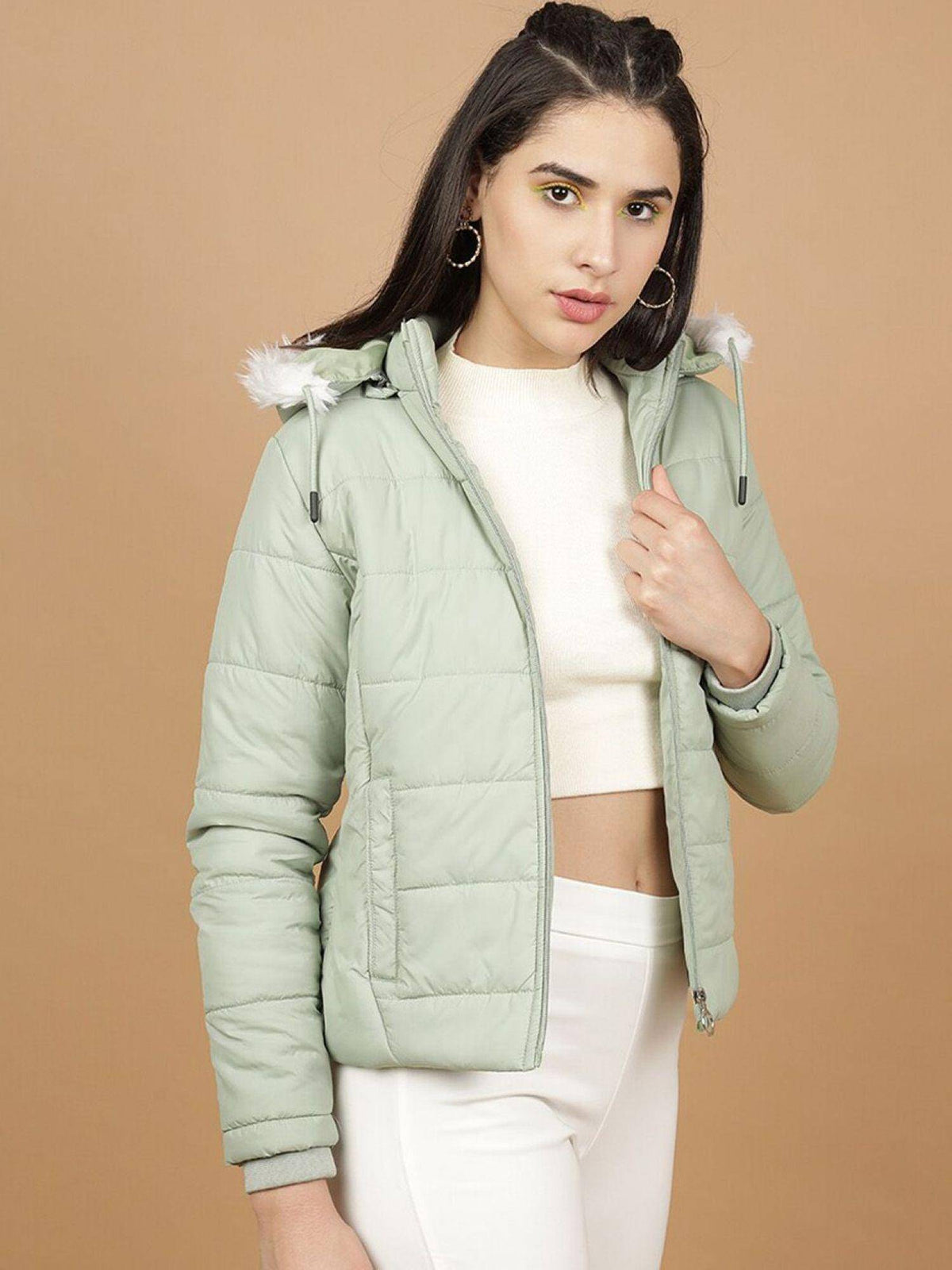 Green Slim Fit Solid Hooded Full Sleeves Winter Jacket | JC78 - view 3