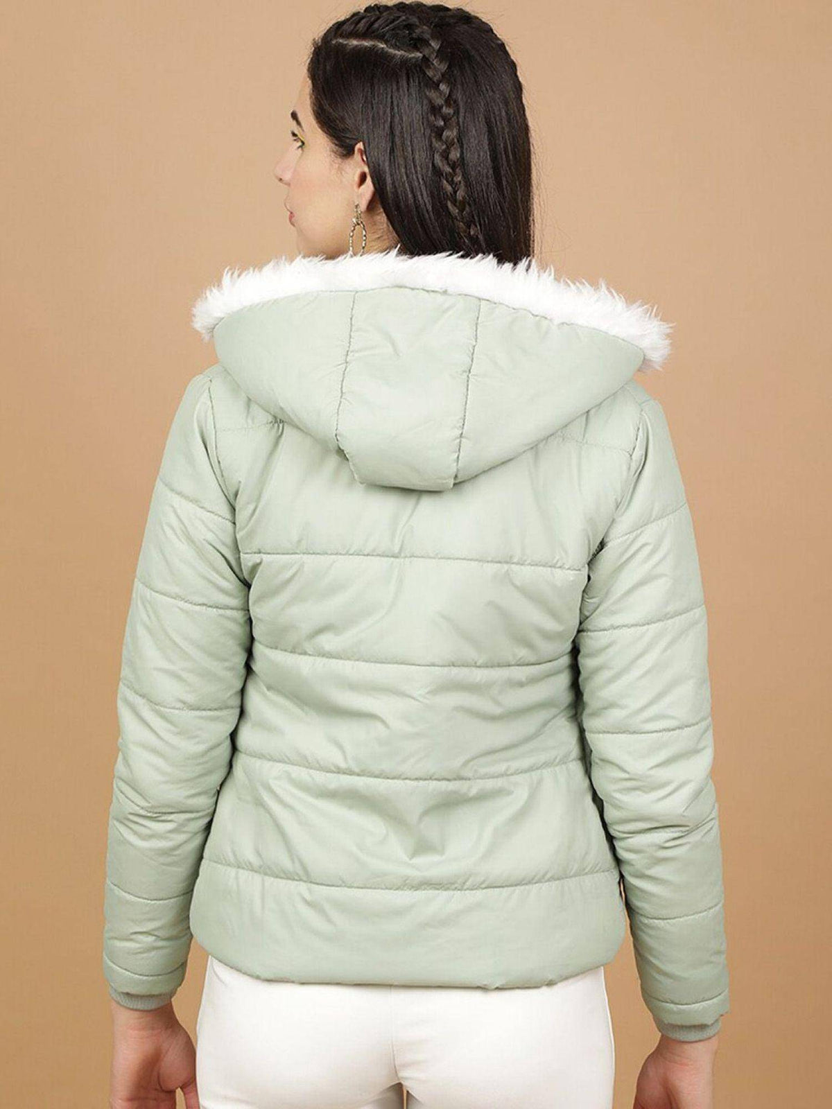 Green Slim Fit Solid Hooded Full Sleeves Winter Jacket | JC78 - view 4