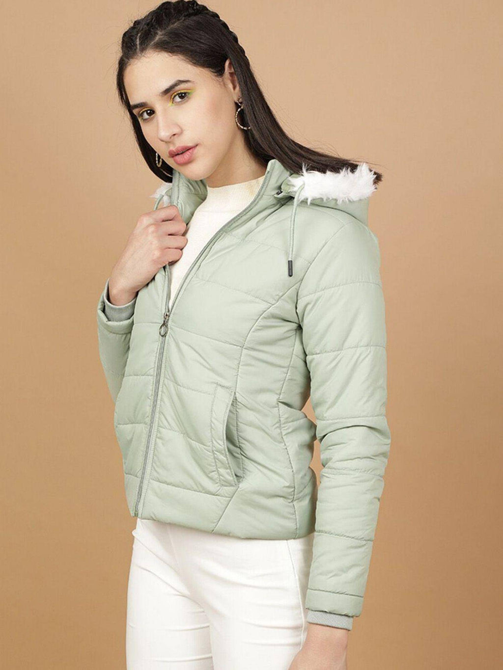 Green Slim Fit Solid Hooded Full Sleeves Winter Jacket | JC78 - view 5