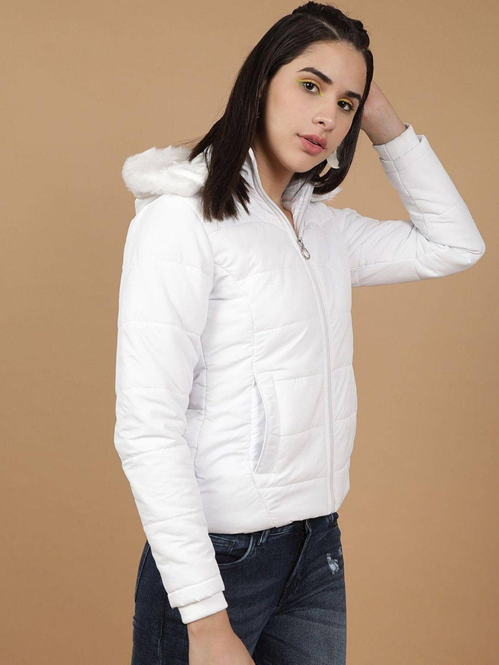 White Slim Fit Solid High Neck Full Sleeves Winter Jacket | JC78 - view 3
