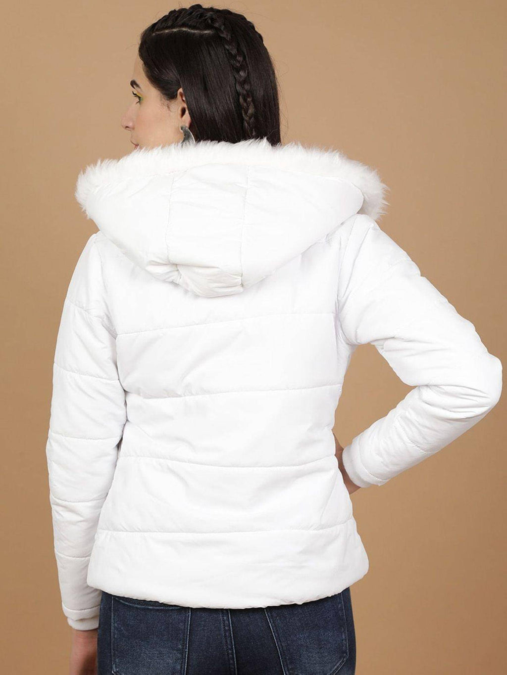 White Slim Fit Solid High Neck Full Sleeves Winter Jacket | JC78 - view 4