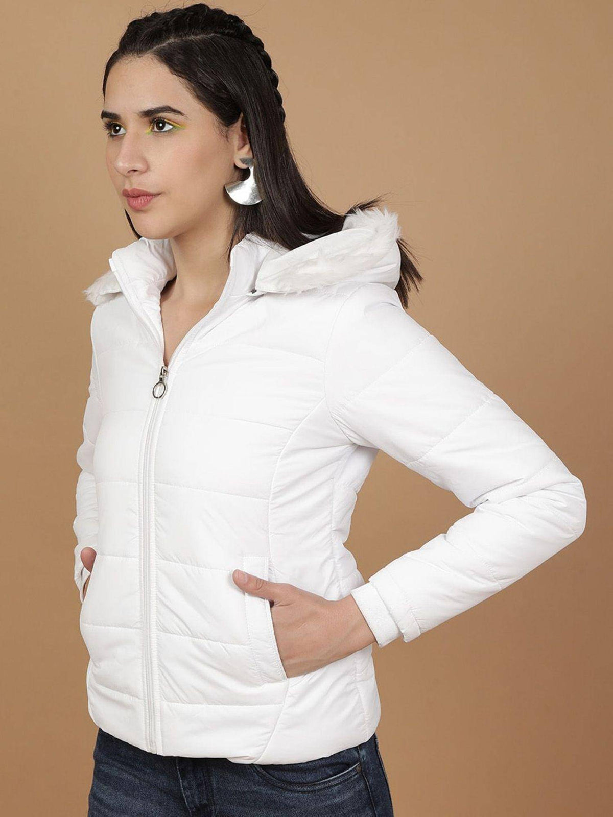 White Slim Fit Solid High Neck Full Sleeves Winter Jacket | JC78 - view 5