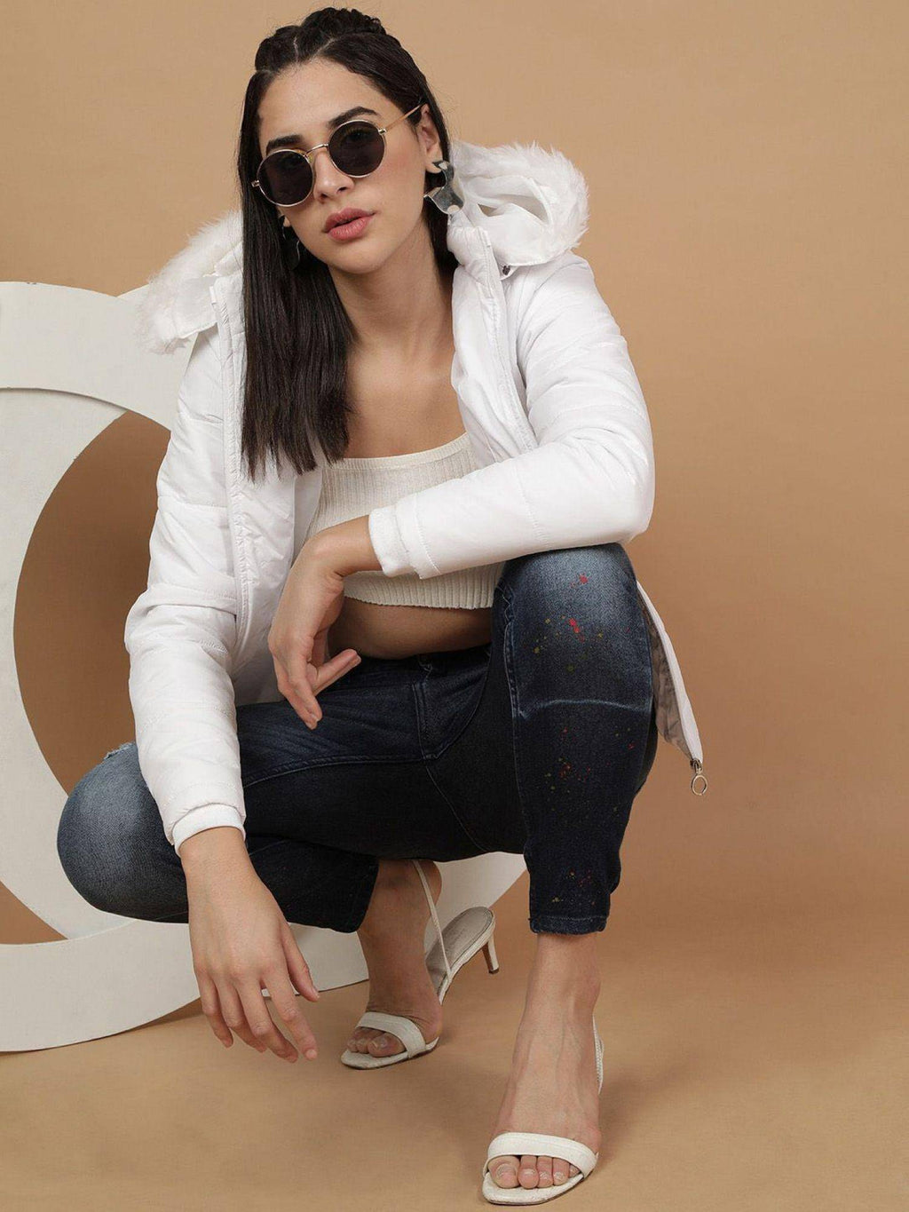 White Slim Fit Solid High Neck Full Sleeves Winter Jacket | JC78 - view 6