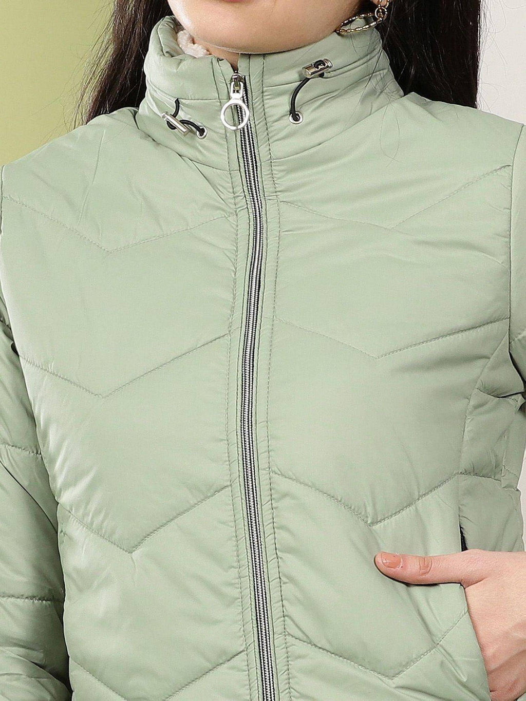 Green Slim Fit Solid High Neck Full Sleeves Winter Jacket | JC78 - view 2