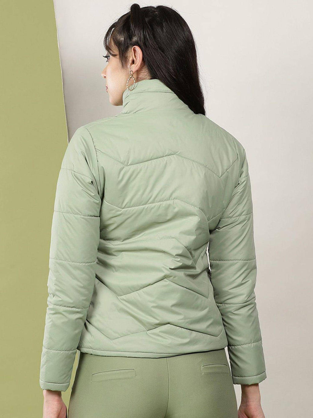 Green Slim Fit Solid High Neck Full Sleeves Winter Jacket | JC78 - view 4