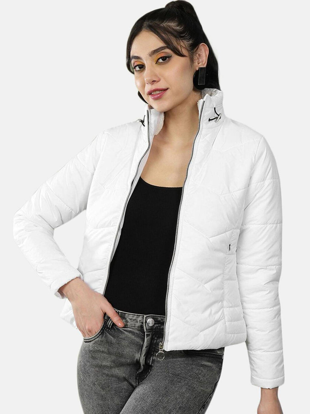White Slim Fit Solid High Neck Full Sleeves Winter Jacket | JC78 - view 1