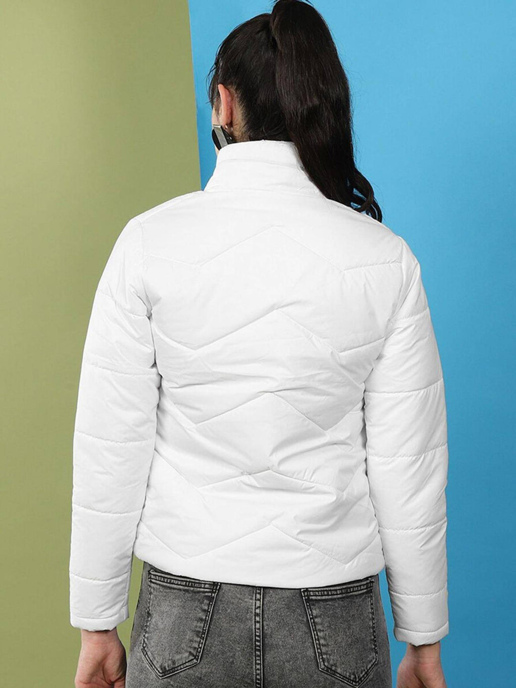 White Slim Fit Solid High Neck Full Sleeves Winter Jacket | JC78 - view 4