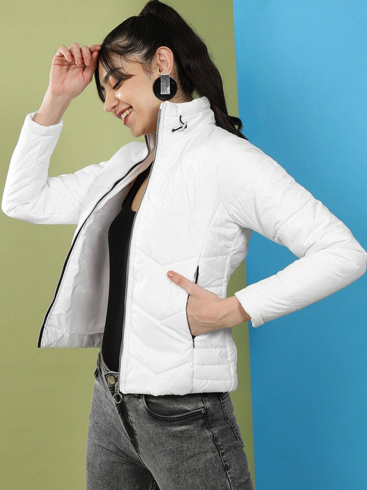 White Slim Fit Solid High Neck Full Sleeves Winter Jacket | JC78 - view 5