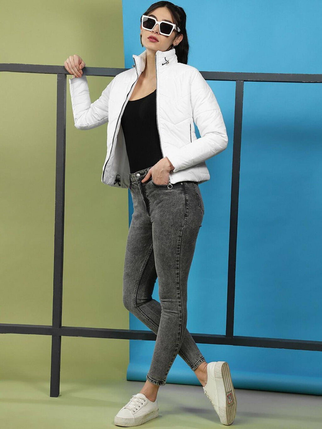 White Slim Fit Solid High Neck Full Sleeves Winter Jacket | JC78 - view 6
