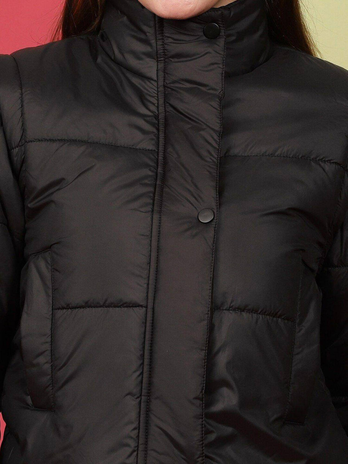 Black Regular Fit Solid High Neck Full Detachable Sleeves Winter Jacket | JC78 - view 2