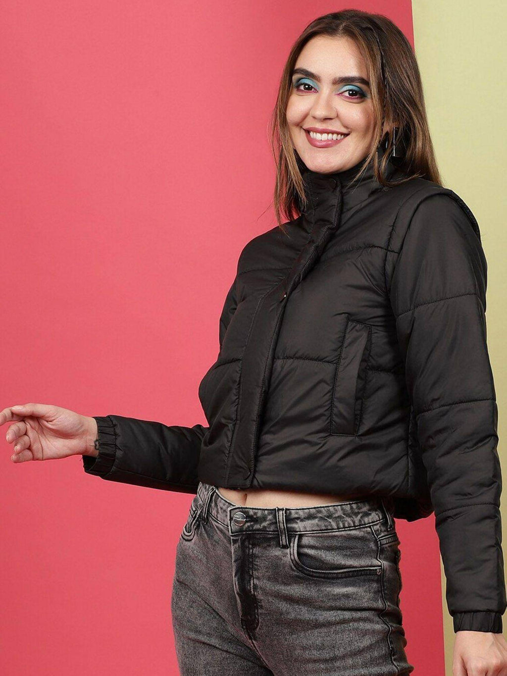 Black Regular Fit Solid High Neck Full Detachable Sleeves Winter Jacket | JC78 - view 3