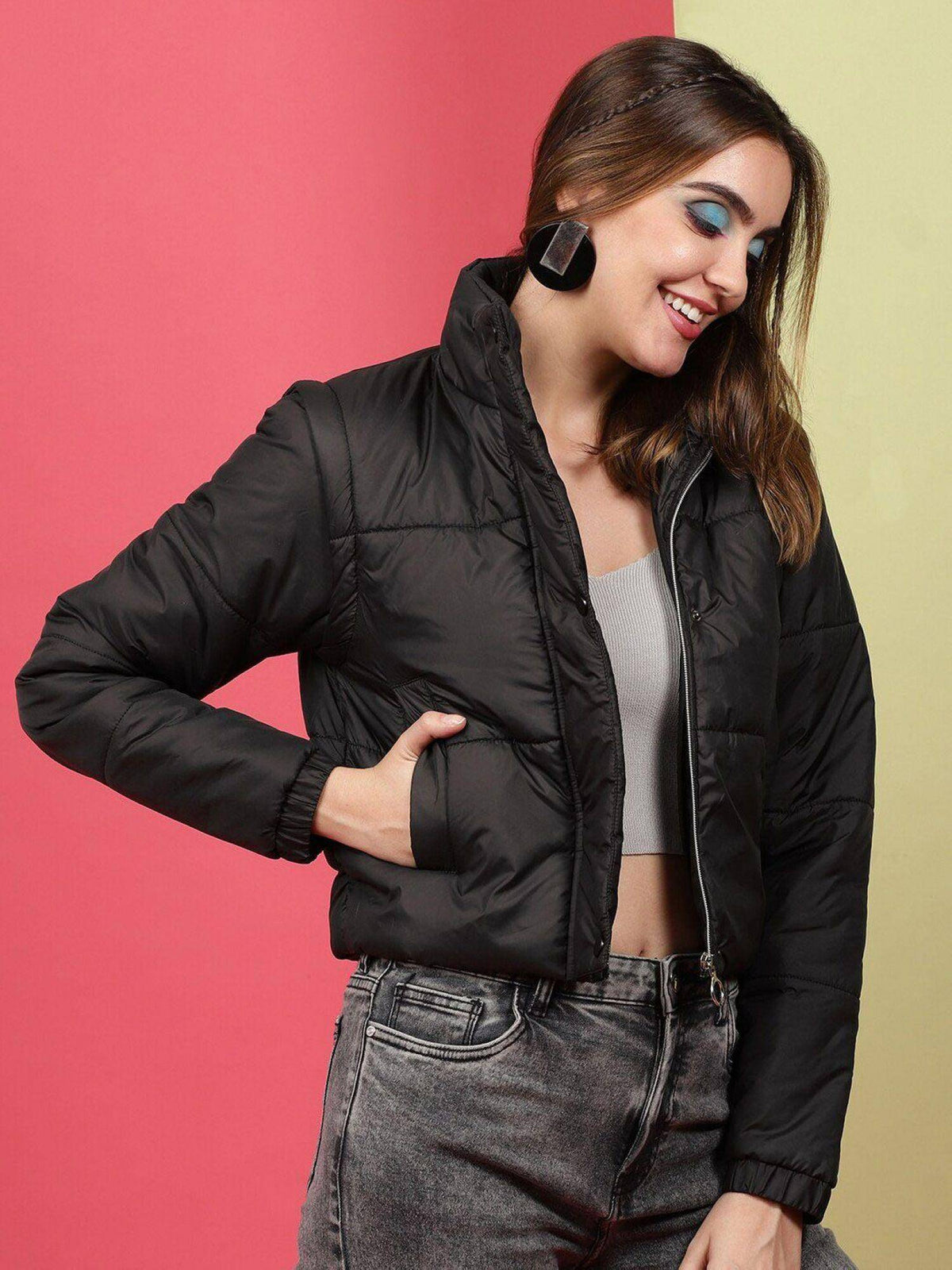 Black Regular Fit Solid High Neck Full Detachable Sleeves Winter Jacket | JC78 - view 4