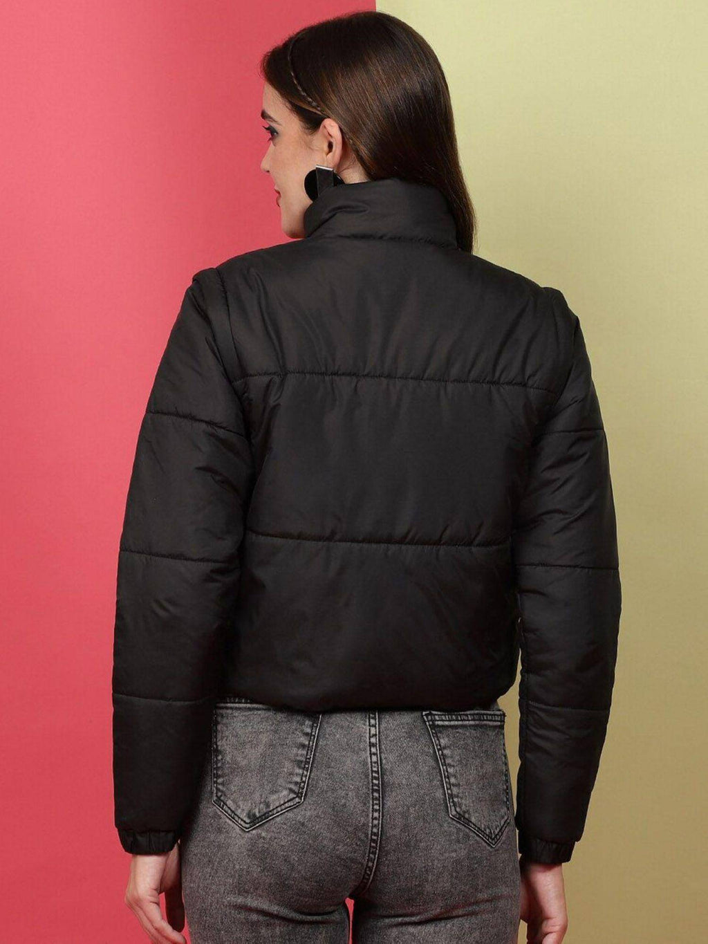 Black Regular Fit Solid High Neck Full Detachable Sleeves Winter Jacket | JC78 - view 5