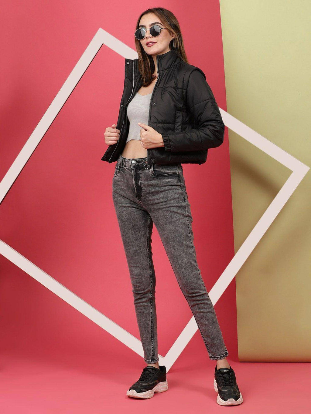 Black Regular Fit Solid High Neck Full Detachable Sleeves Winter Jacket | JC78 - view 6