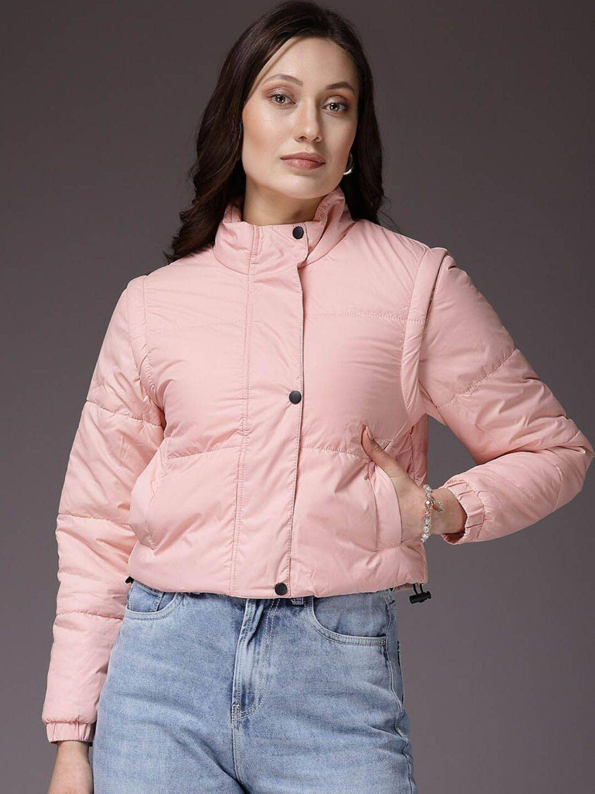 Black Regular Fit Solid High Neck Full Detachable Sleeves Winter Jacket | JC78 - view 7