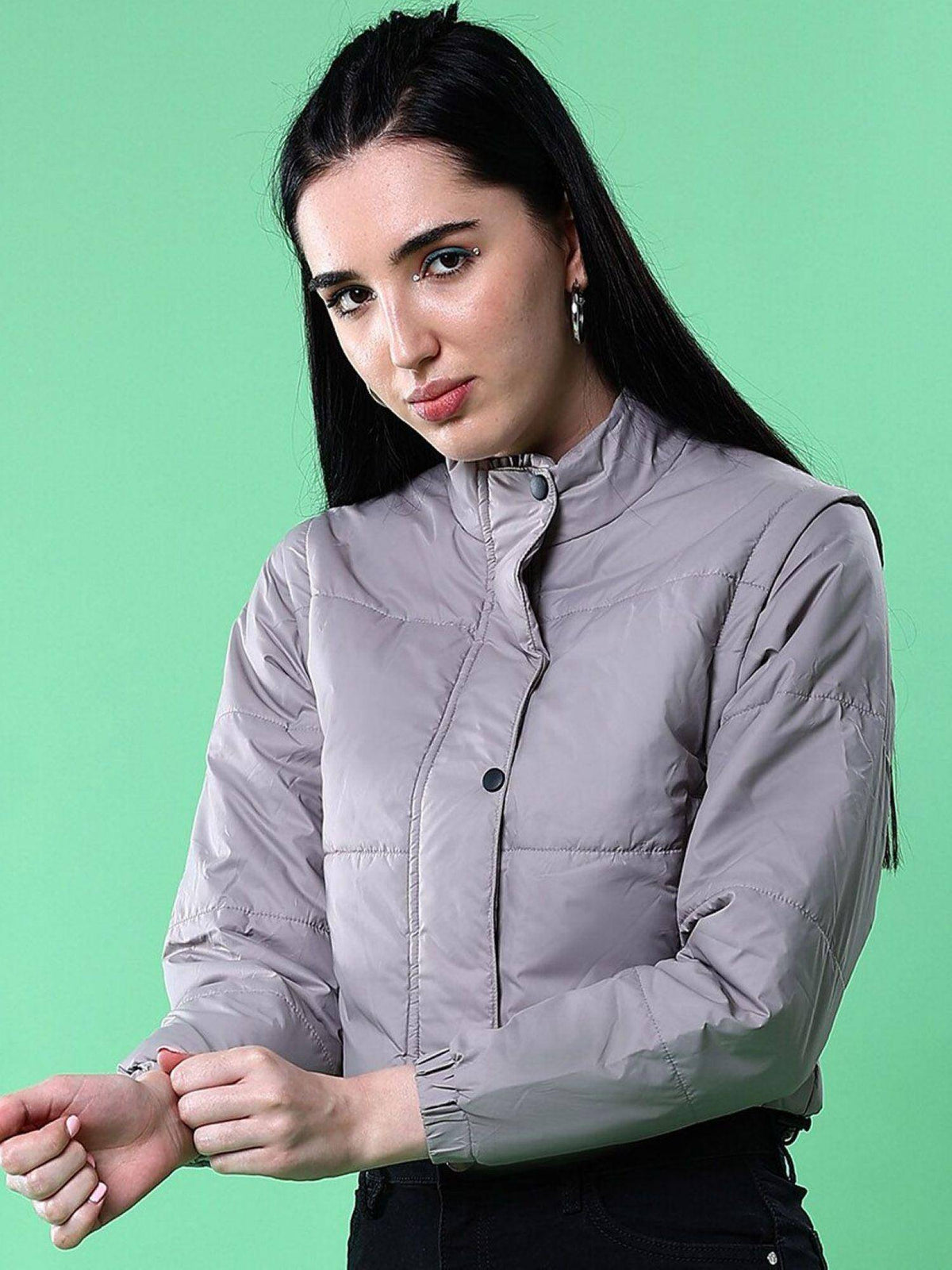 Black Regular Fit Solid High Neck Full Detachable Sleeves Winter Jacket | JC78 - view 15