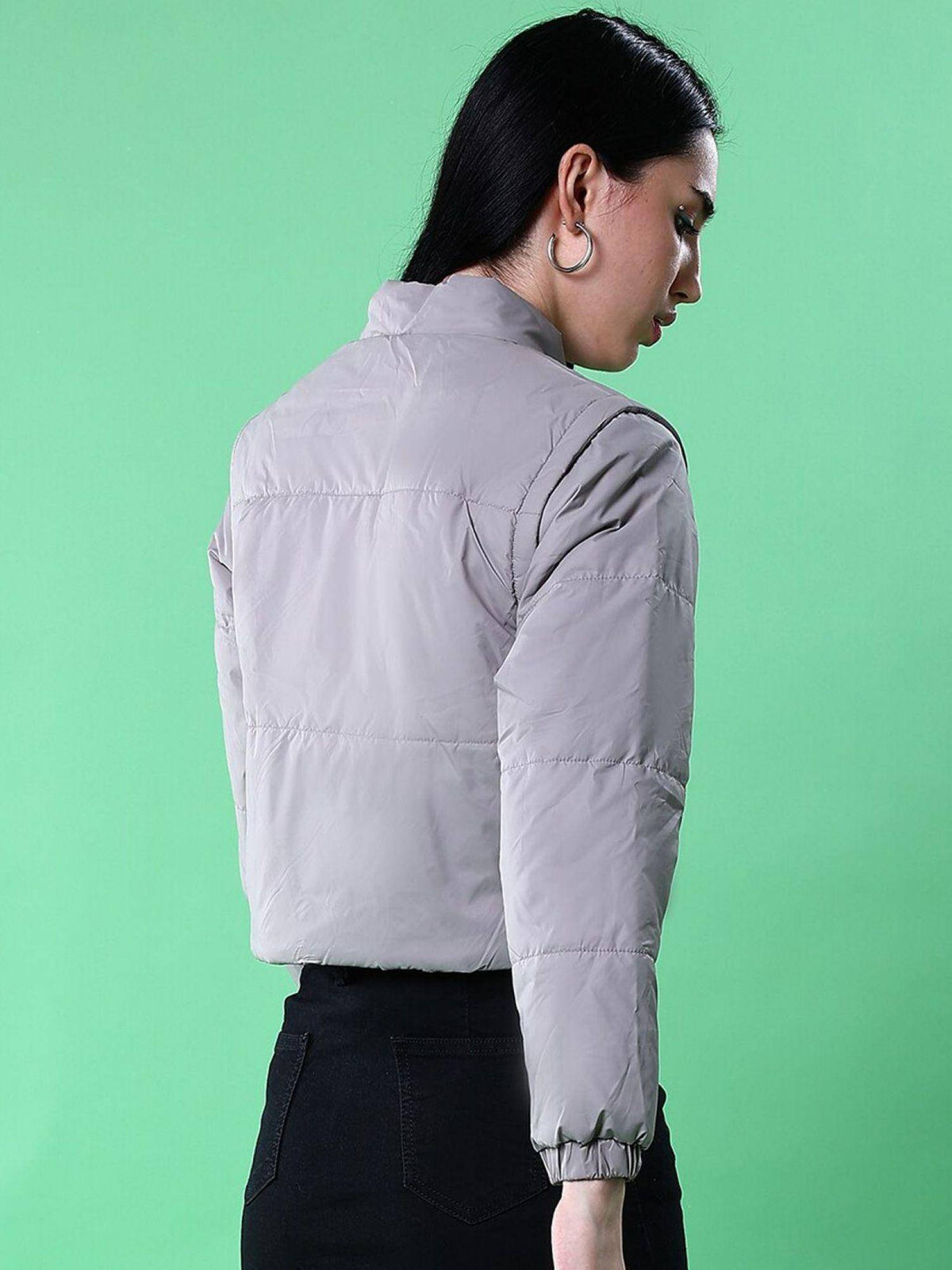Black Regular Fit Solid High Neck Full Detachable Sleeves Winter Jacket | JC78 - view 17