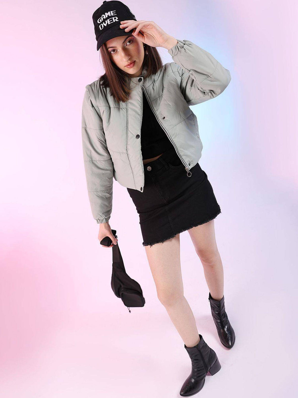 Black Regular Fit Solid High Neck Full Detachable Sleeves Winter Jacket | JC78 - view 21
