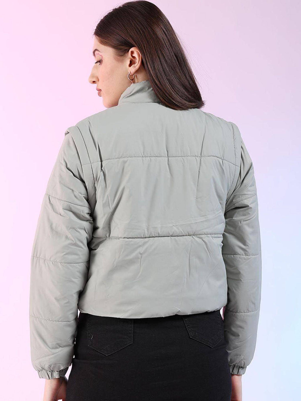 Black Regular Fit Solid High Neck Full Detachable Sleeves Winter Jacket | JC78 - view 22