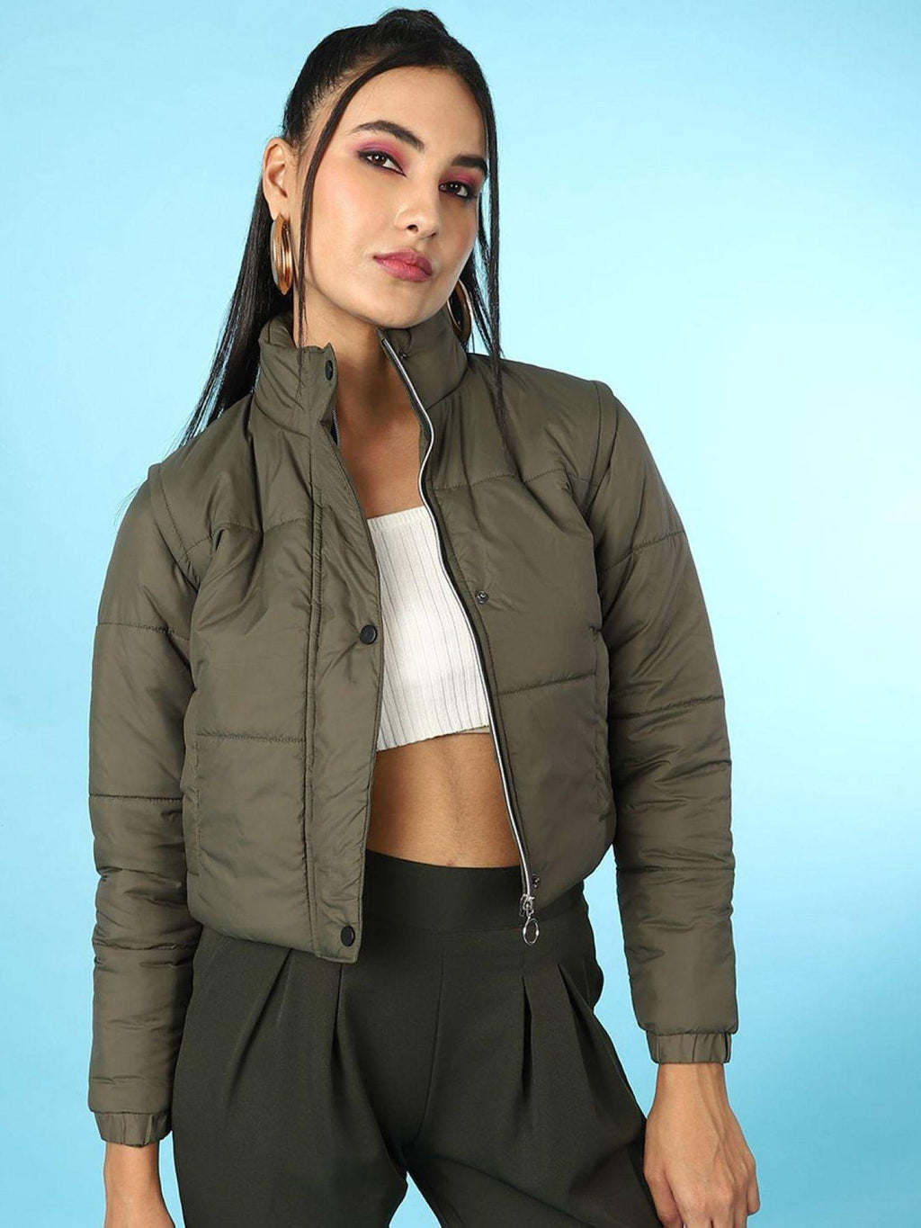 Black Regular Fit Solid High Neck Full Detachable Sleeves Winter Jacket | JC78 - view 30