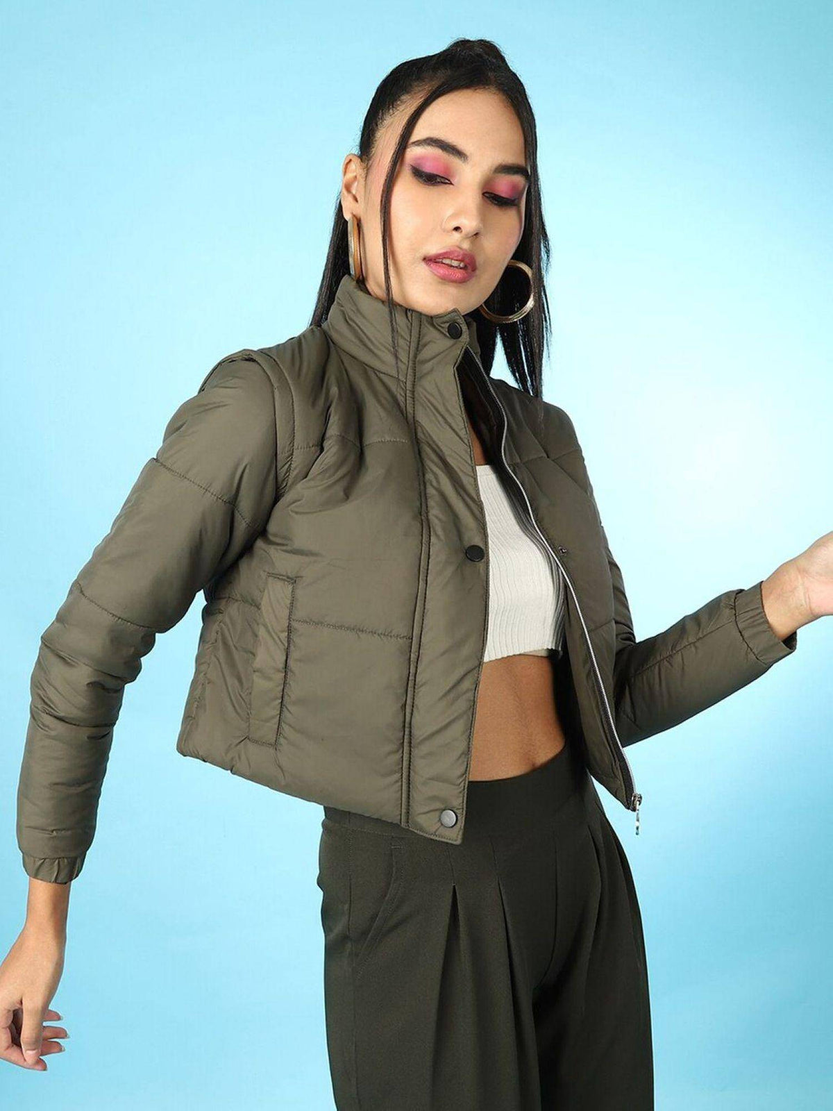 Black Regular Fit Solid High Neck Full Detachable Sleeves Winter Jacket | JC78 - view 32