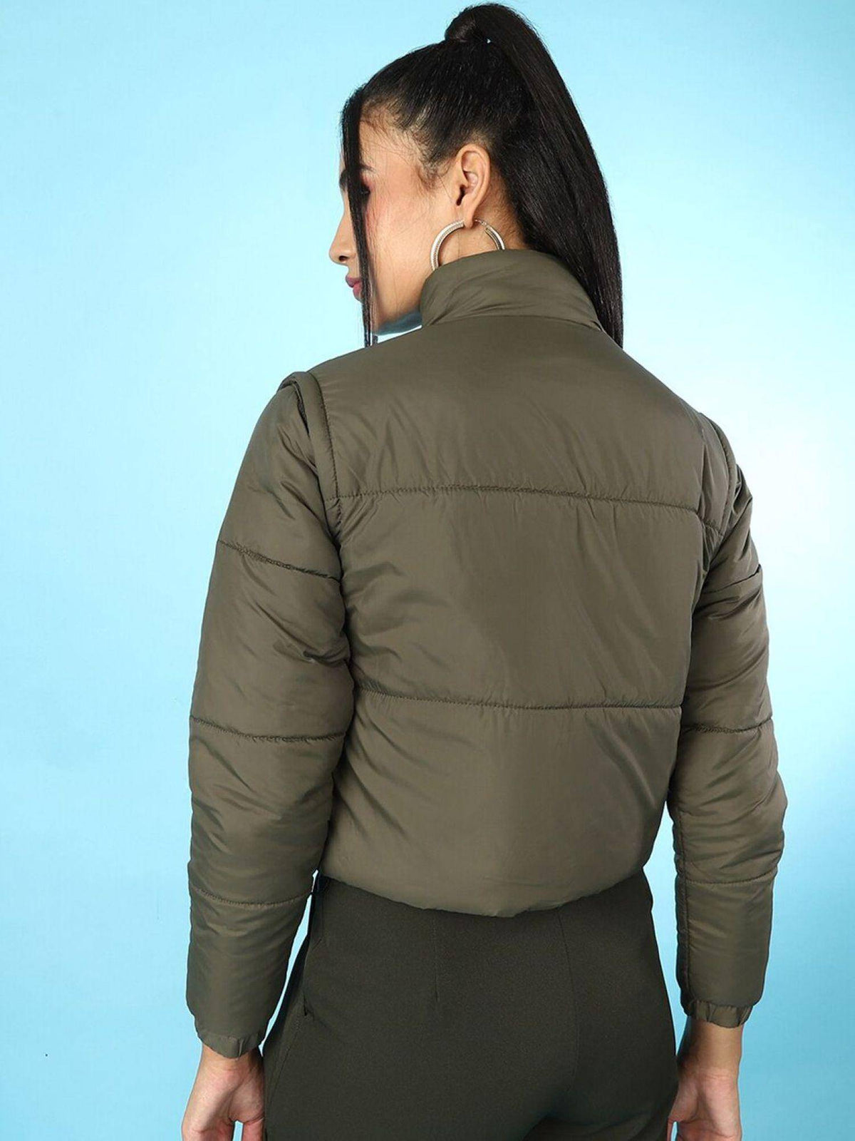 Black Regular Fit Solid High Neck Full Detachable Sleeves Winter Jacket | JC78 - view 33