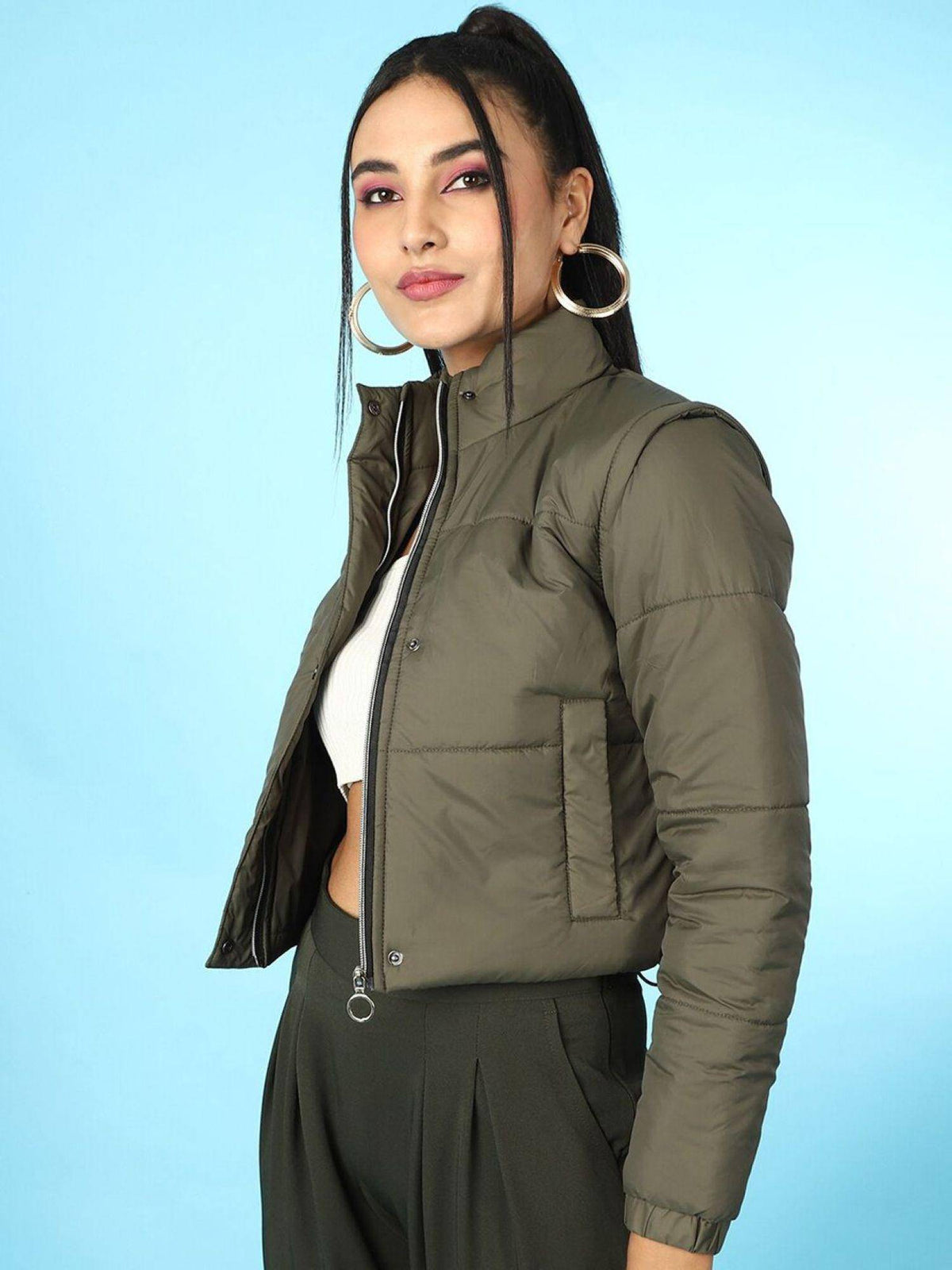 Black Regular Fit Solid High Neck Full Detachable Sleeves Winter Jacket | JC78 - view 34