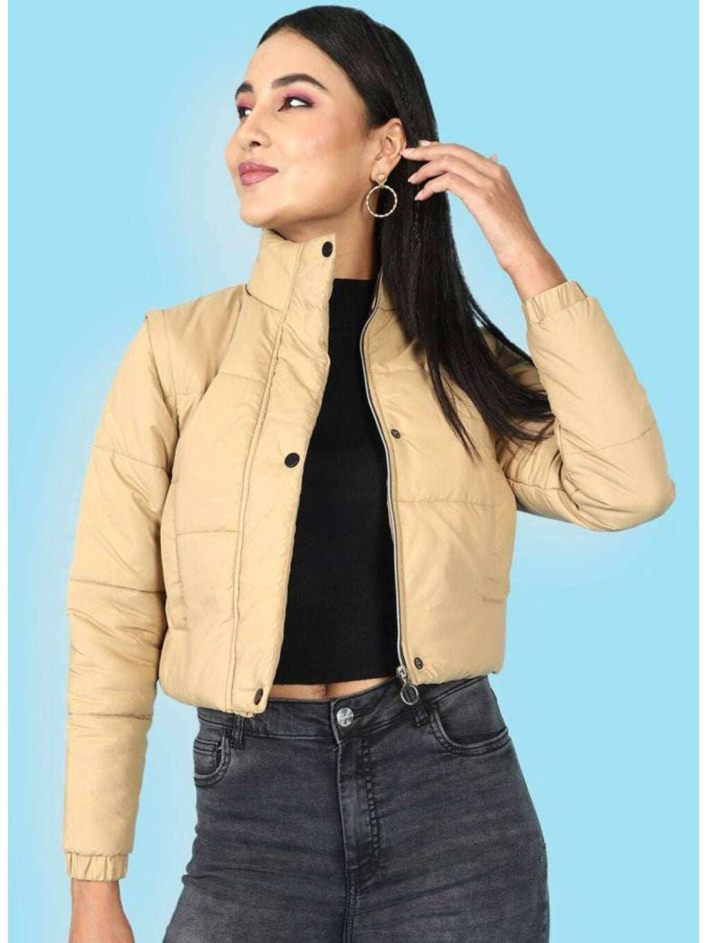 Black Regular Fit Solid High Neck Full Detachable Sleeves Winter Jacket | JC78 - view 24