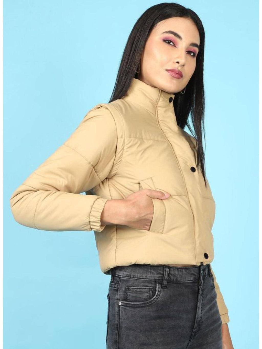 Black Regular Fit Solid High Neck Full Detachable Sleeves Winter Jacket | JC78 - view 26