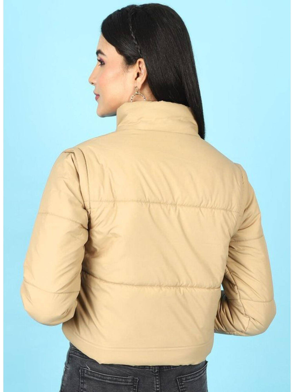 Black Regular Fit Solid High Neck Full Detachable Sleeves Winter Jacket | JC78 - view 27