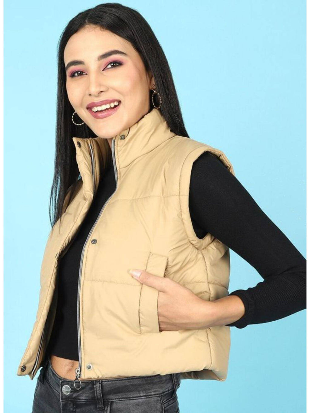 Black Regular Fit Solid High Neck Full Detachable Sleeves Winter Jacket | JC78 - view 28