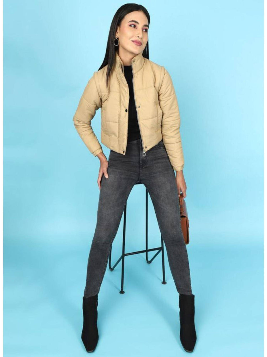 Black Regular Fit Solid High Neck Full Detachable Sleeves Winter Jacket | JC78 - view 29