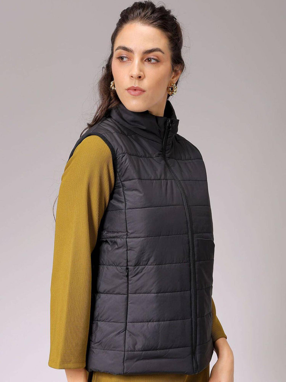 Pink Regular Fit Solid High Neck Sleeveless Quilted Jacket | JC78 - view 9