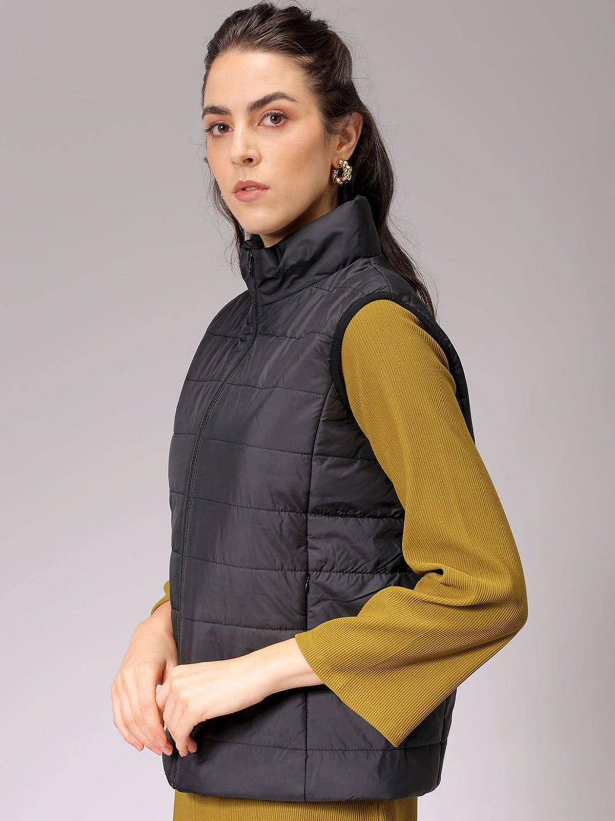Pink Regular Fit Solid High Neck Sleeveless Quilted Jacket | JC78 - view 11