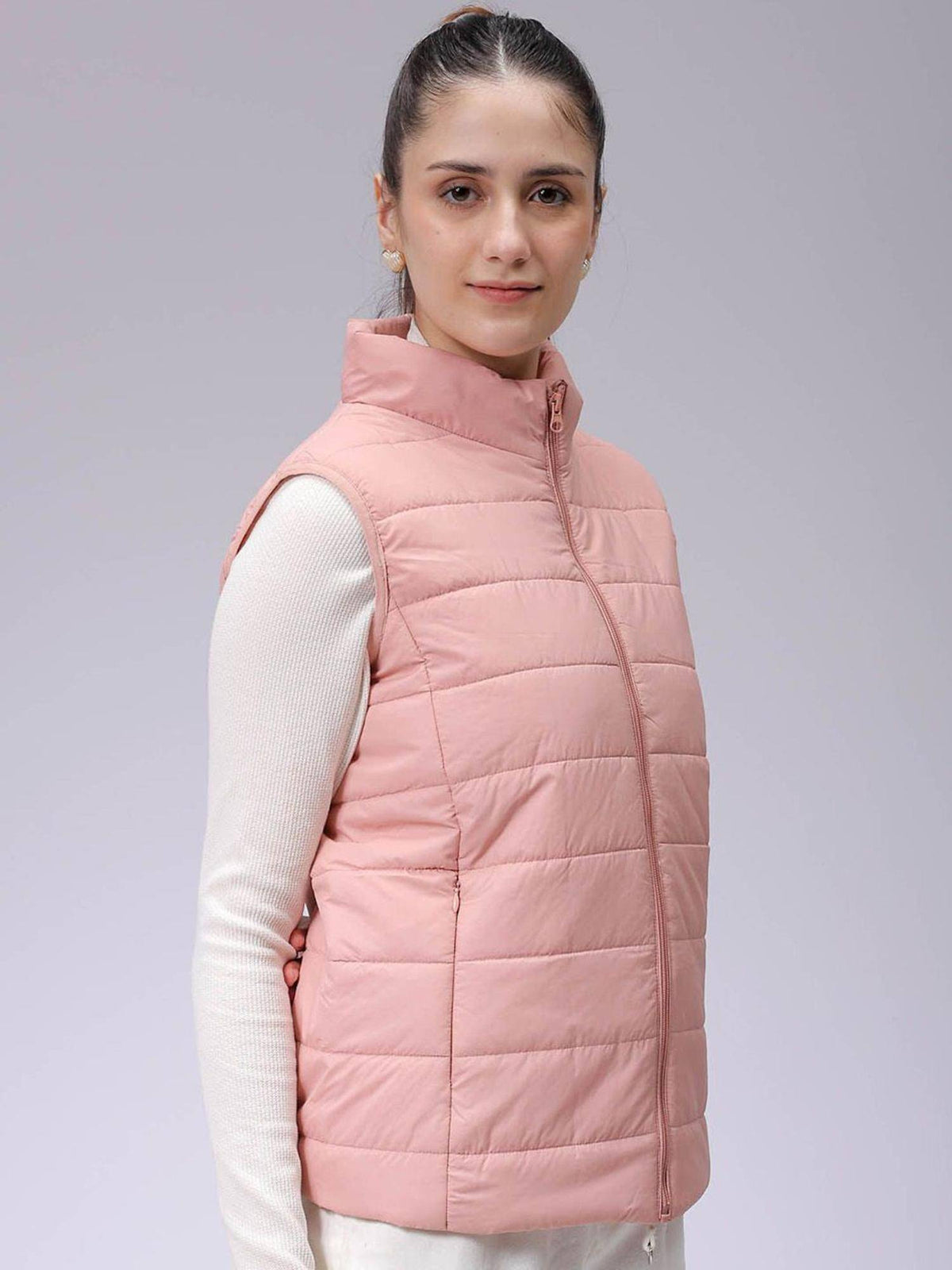Pink Regular Fit Solid High Neck Sleeveless Quilted Jacket | JC78 - view 3