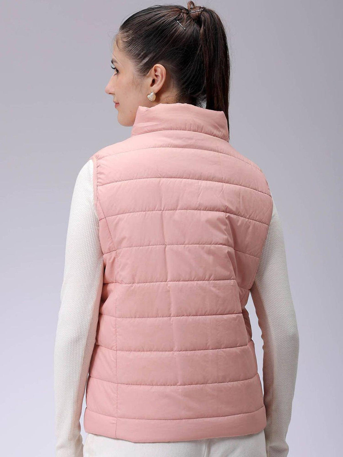 Pink Regular Fit Solid High Neck Sleeveless Quilted Jacket | JC78 - view 4