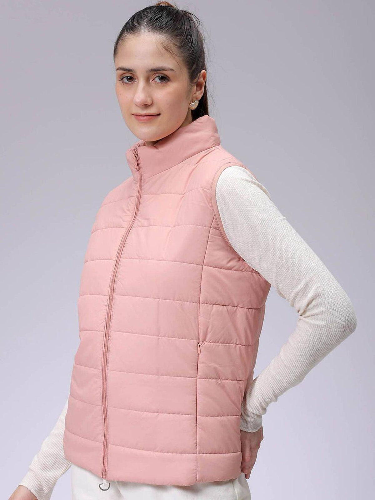 Pink Regular Fit Solid High Neck Sleeveless Quilted Jacket | JC78 - view 5