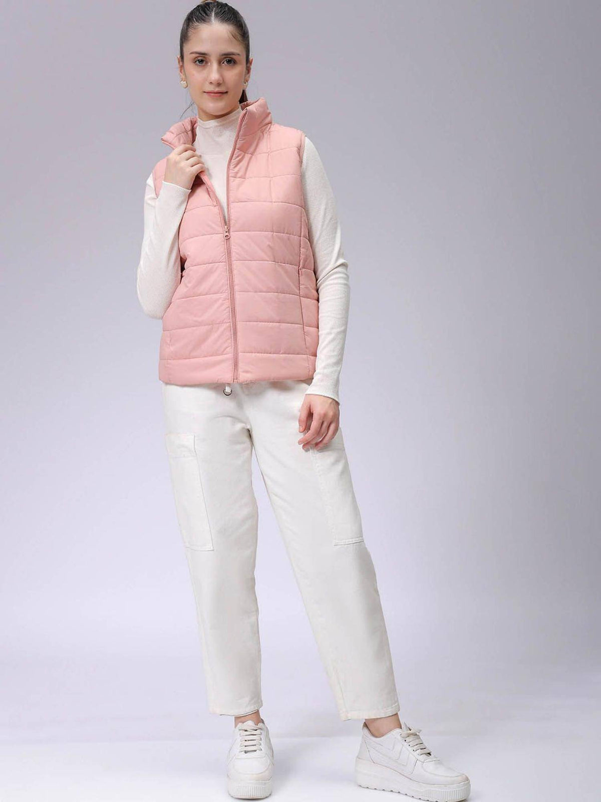 Pink Regular Fit Solid High Neck Sleeveless Quilted Jacket | JC78 - view 6