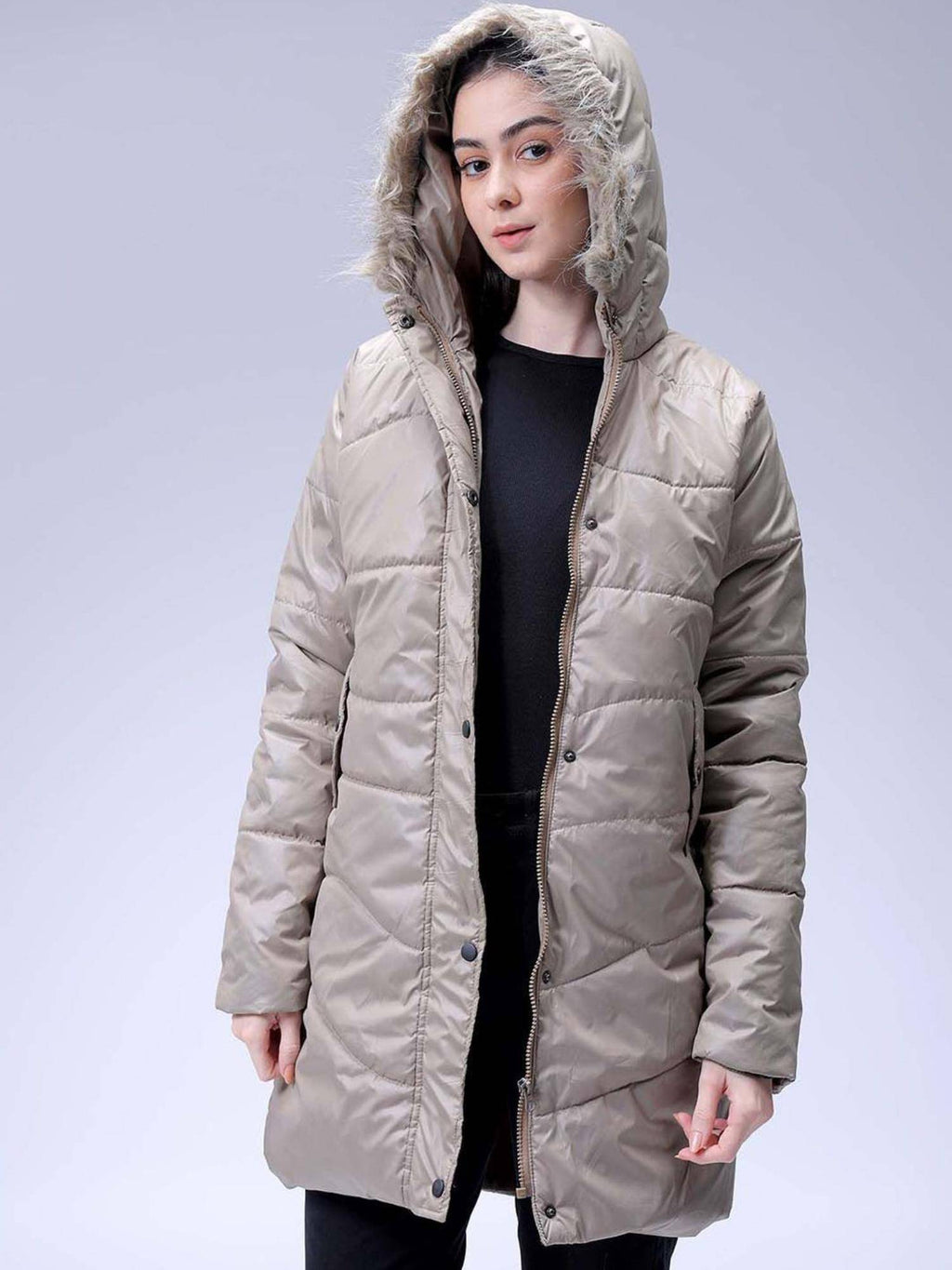 Beige Relaxed Fit Solid Hooded Full Sleeves Quilted Jacket | JC78 - view 1