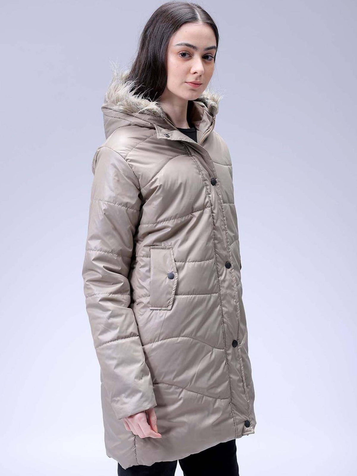 Beige Relaxed Fit Solid Hooded Full Sleeves Quilted Jacket | JC78 - view 3