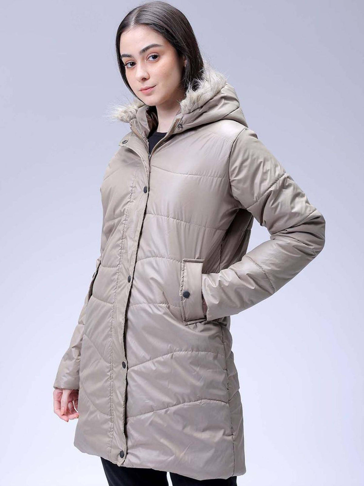 Beige Relaxed Fit Solid Hooded Full Sleeves Quilted Jacket | JC78 - view 5