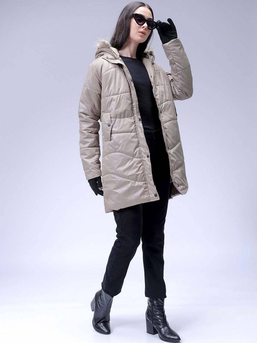 Beige Relaxed Fit Solid Hooded Full Sleeves Quilted Jacket | JC78 - view 6