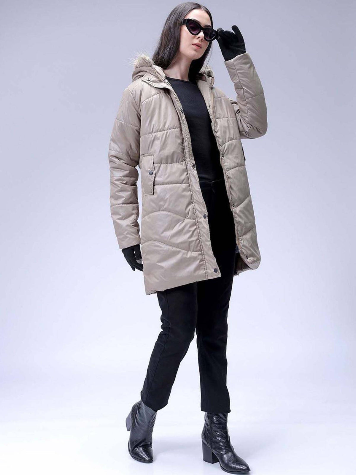 Beige Relaxed Fit Solid Hooded Full Sleeves Quilted Jacket | JC78 - view 6
