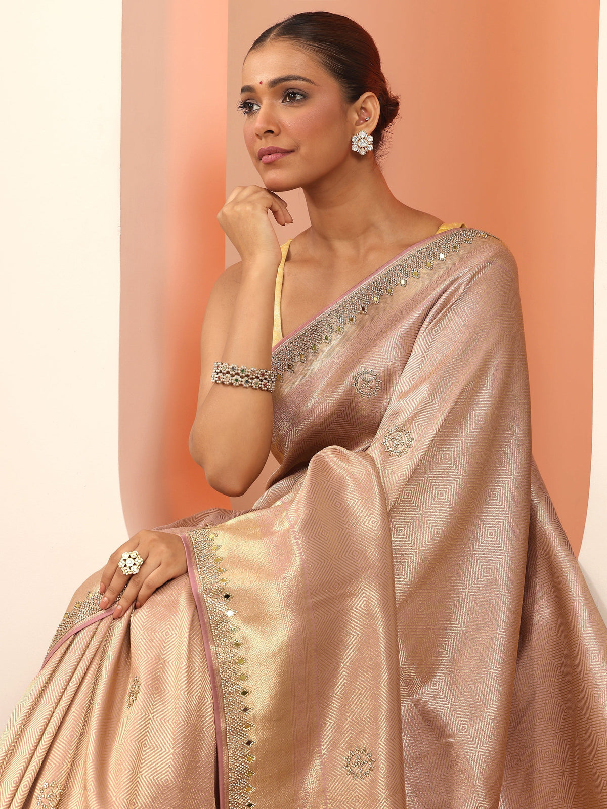 Libas Peach Silk Blend Saree With Unstitched Blouse Piece
