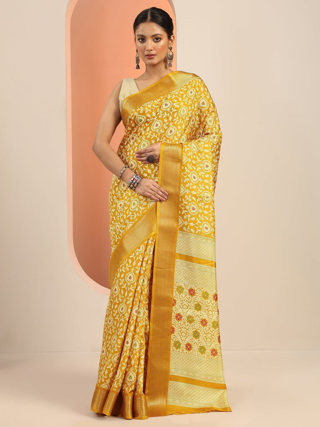 Libas Mustard Printed Silk Blend Saree With Unstitched Blouse Piece S45